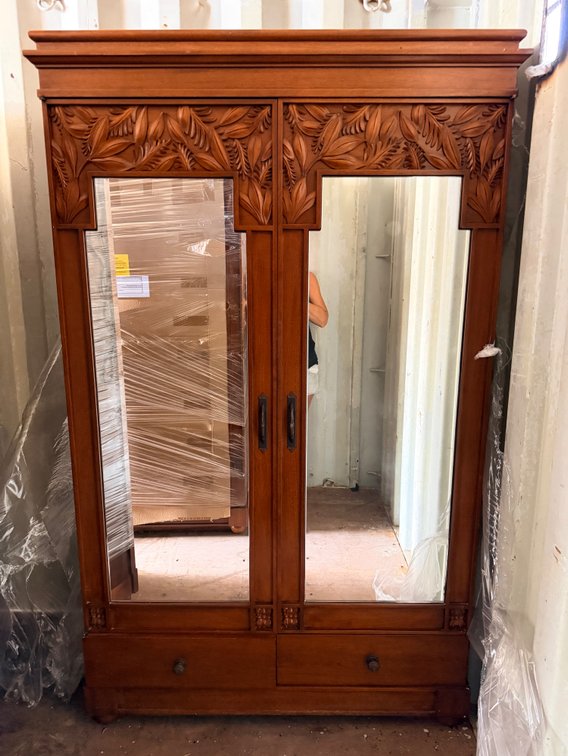 Carved Wood Armoire with Mirrored Doors