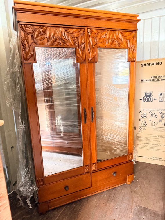Carved Wood Armoire with Mirrored Doors