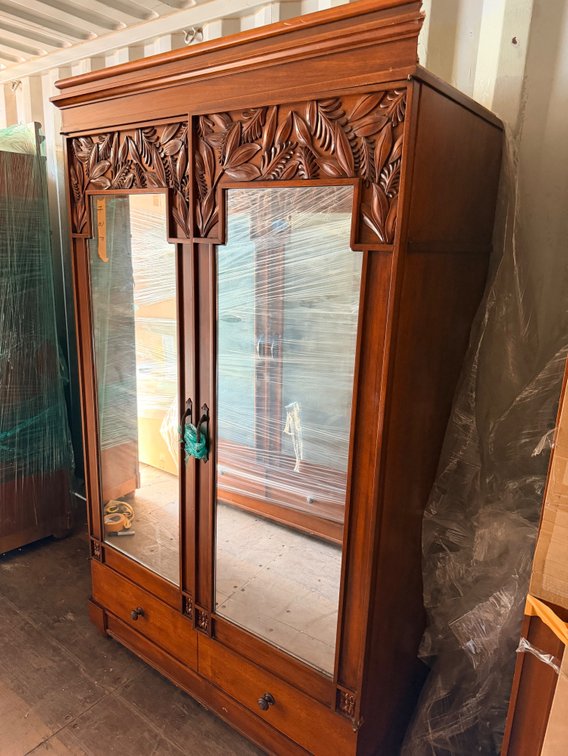 Carved Wood Armoire with Mirrored Doors