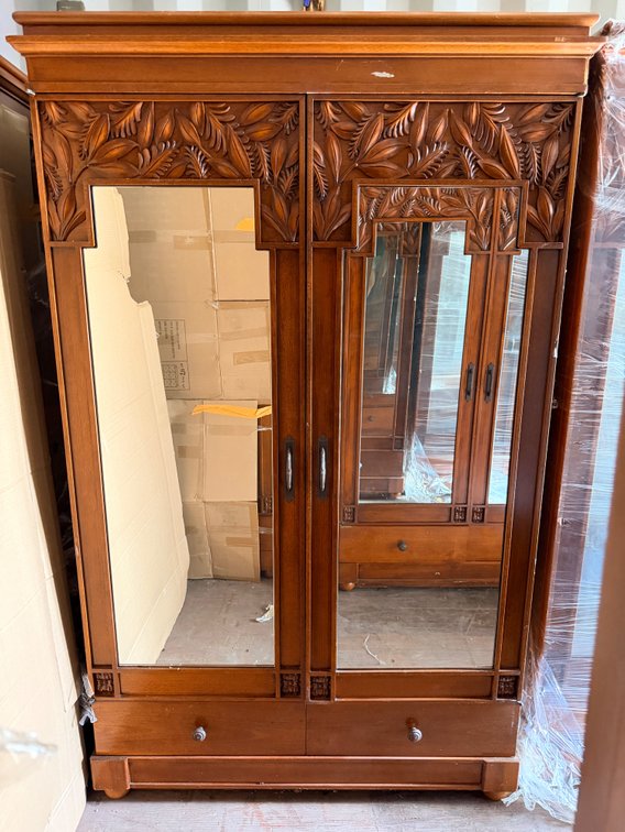 Carved Wood Armoire with Mirrored Doors