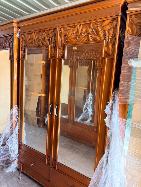 Carved Wood Armoire with Mirrored Doors