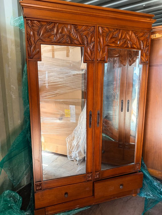 Carved Wood Armoire with Mirrored Doors
