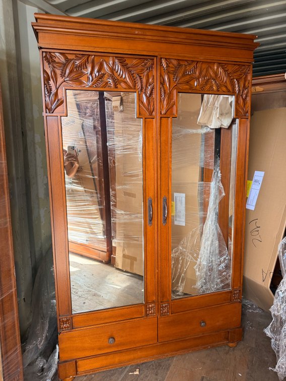 Carved Wood Armoire with Mirrored Doors