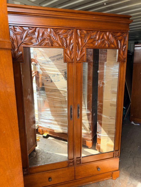Carved Wood Armoire with Mirrored Doors
