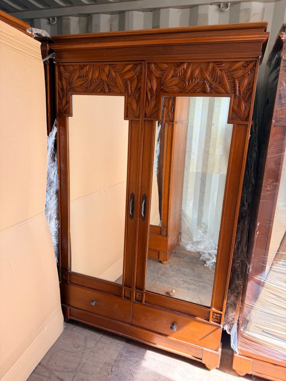 Carved Wood Armoire with Mirrored Doors