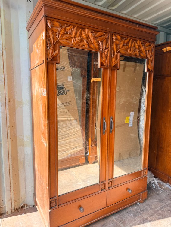 Carved Wood Armoire with Mirrored Doors