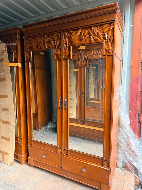 Carved Wood Armoire with Mirrored Doors