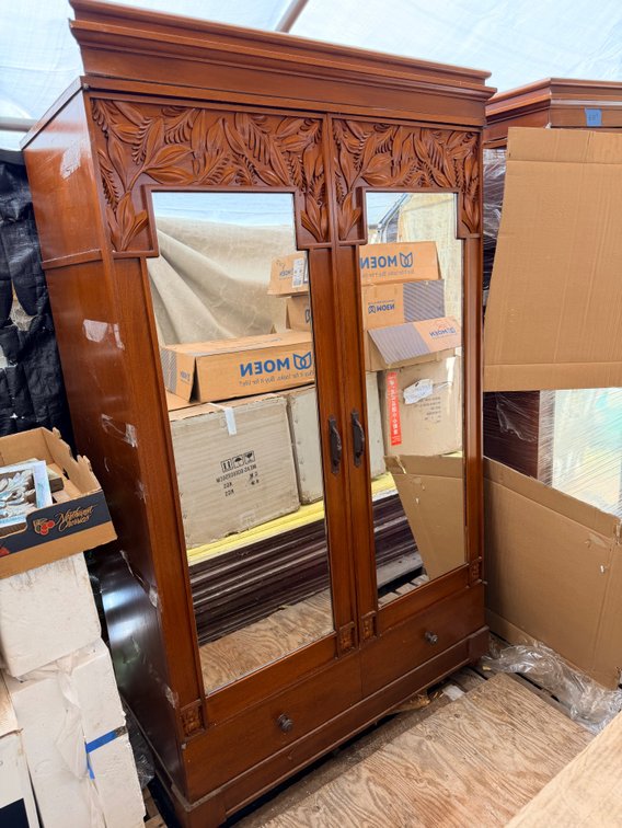 Carved Wood Armoire with Mirrored Doors - Damaged