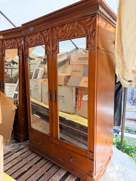 Carved Wood Armoire with Mirrored Doors - Damaged