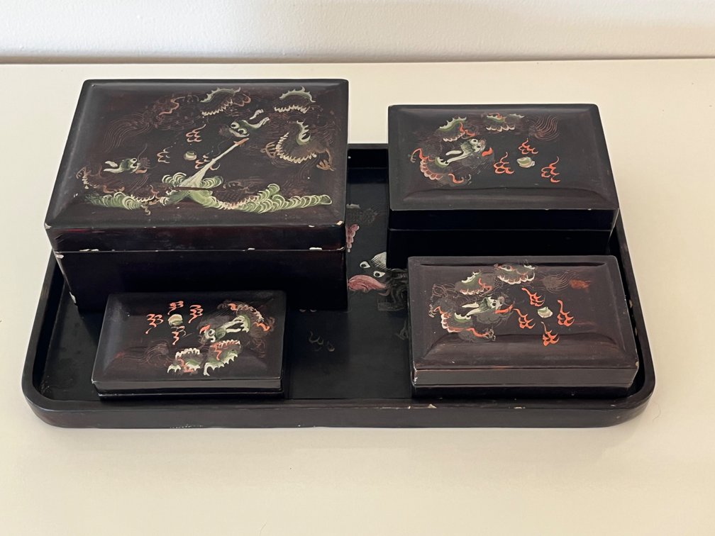 Laquered Dragon Tray and Four Nesting Boxes