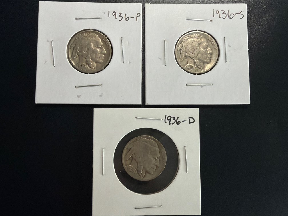 (X's 3) 1936 P, D and S Buffalo Nickels