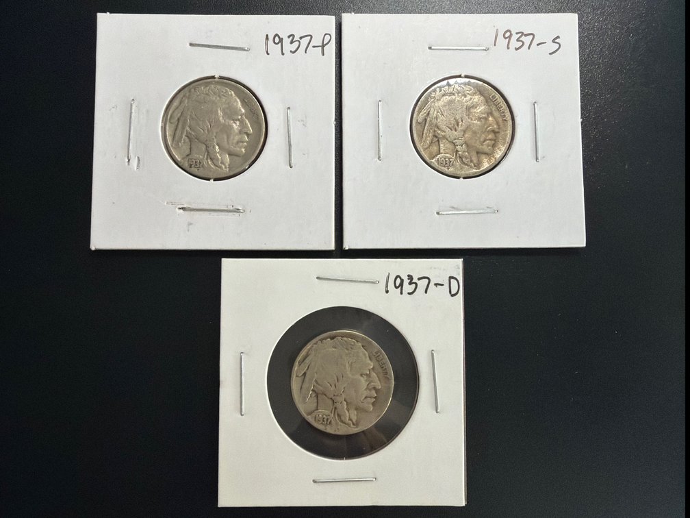 (X's 3) 1937 P, D and S Buffalo Nickels