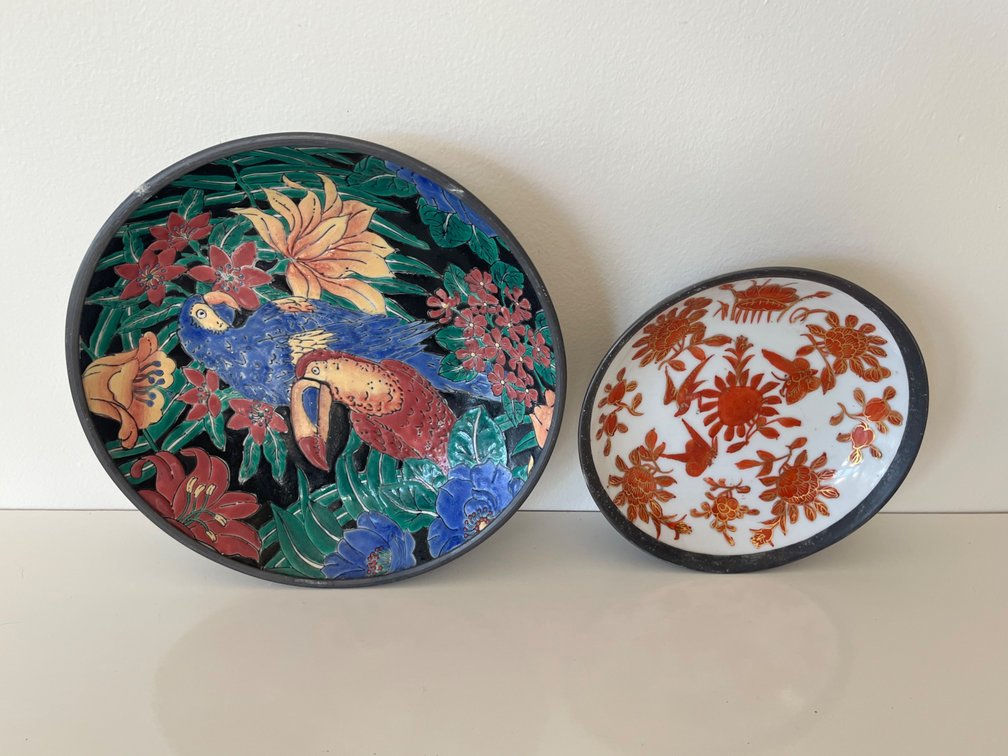 Two Pewter Encased Porcelain Bowls