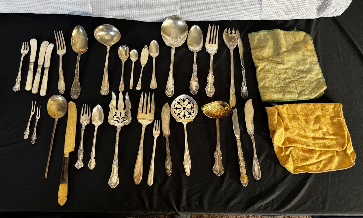 Assorted Flatware with Sterling Silver Cocktail Fork and Silver Plate