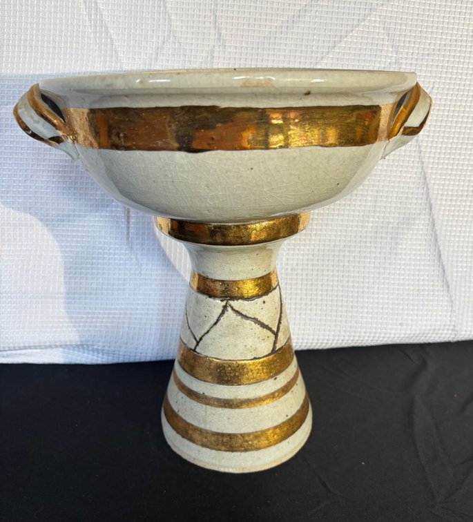 Hand Made Ceramic Pedestal Bowl with Gold Detail