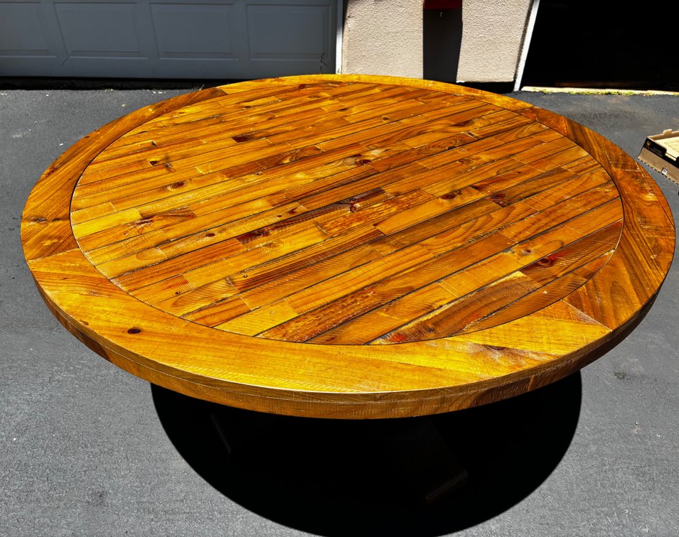 Round Parquet Style Wooden Table with Pedestal Base