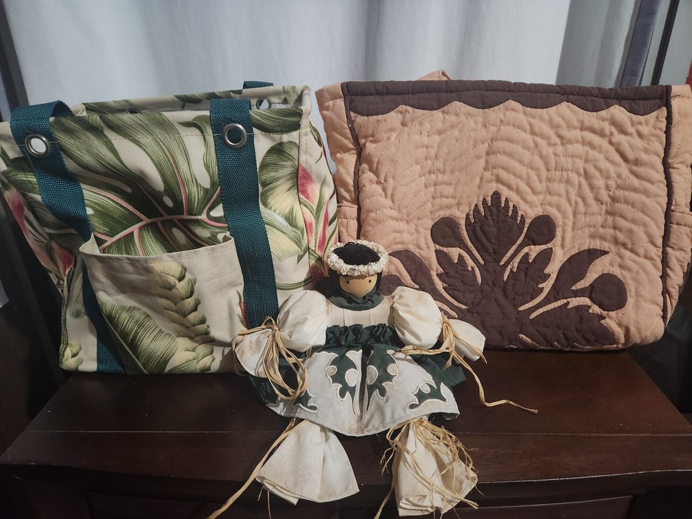 Hawaiian Print Bags and Hula Doll