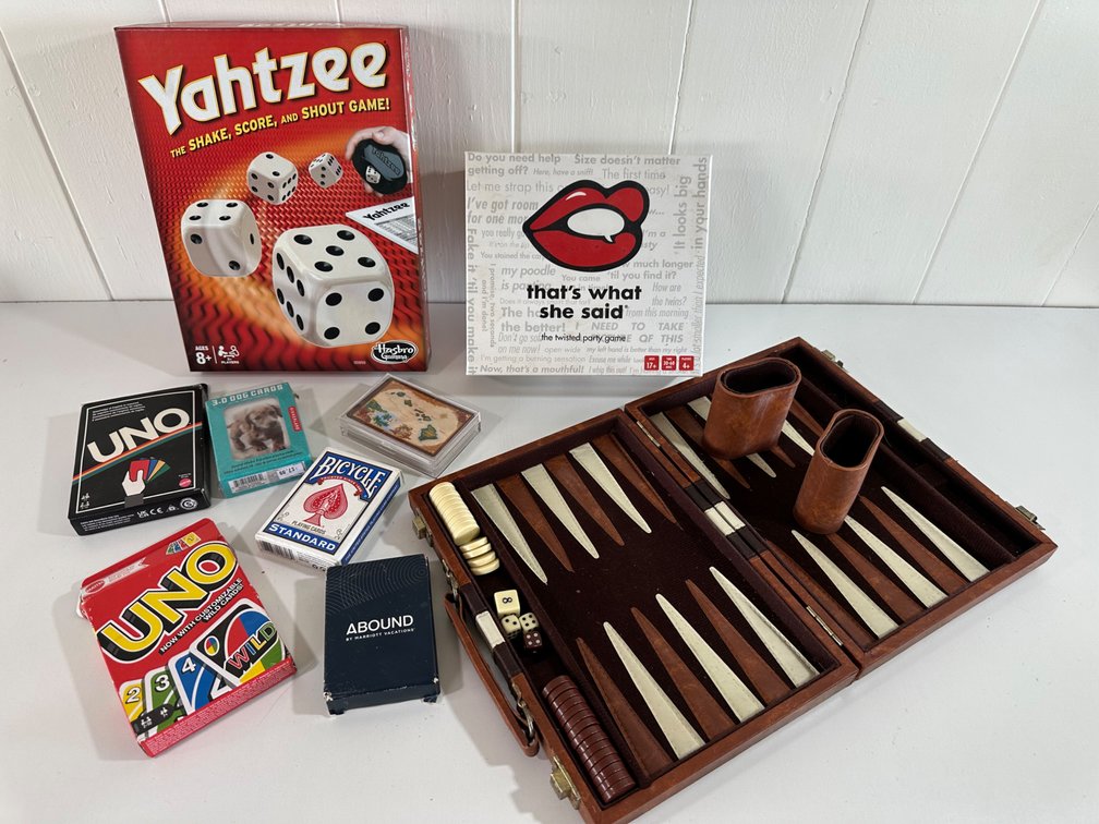 Board & Card Game Lot – Backgammon, Yahtzee, UNO, Playing Cards