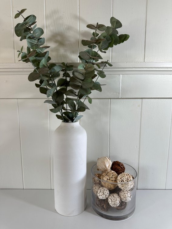 Modern White Vase with Faux Eucalyptus + Glass Vase with Decorative Orbs