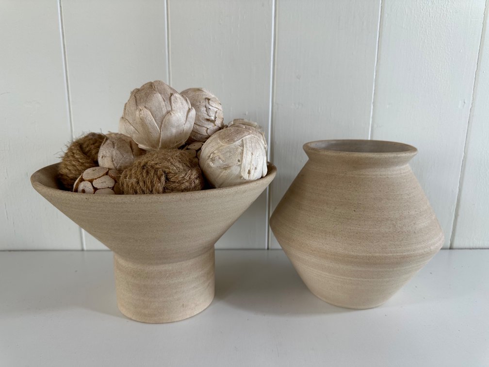 Pair of Neutral Ceramic Vases with Decorative Orbs