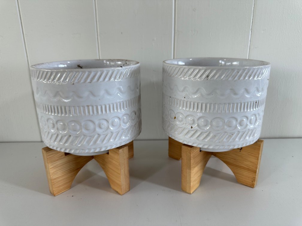 (X's 2) White Patterned Ceramic Planters with Wooden Stands
