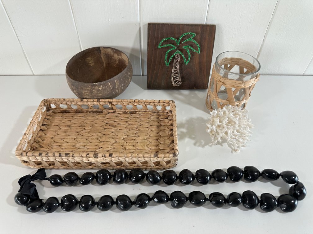 Hawaiian Decor Lot – Coconut Bowl, Woven Tray, Coral & More