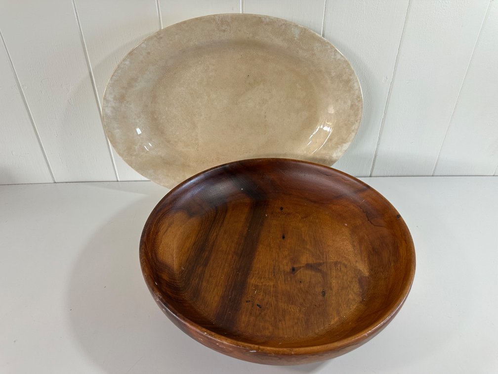 Wooden Salad Bowl & Ceramic Platter