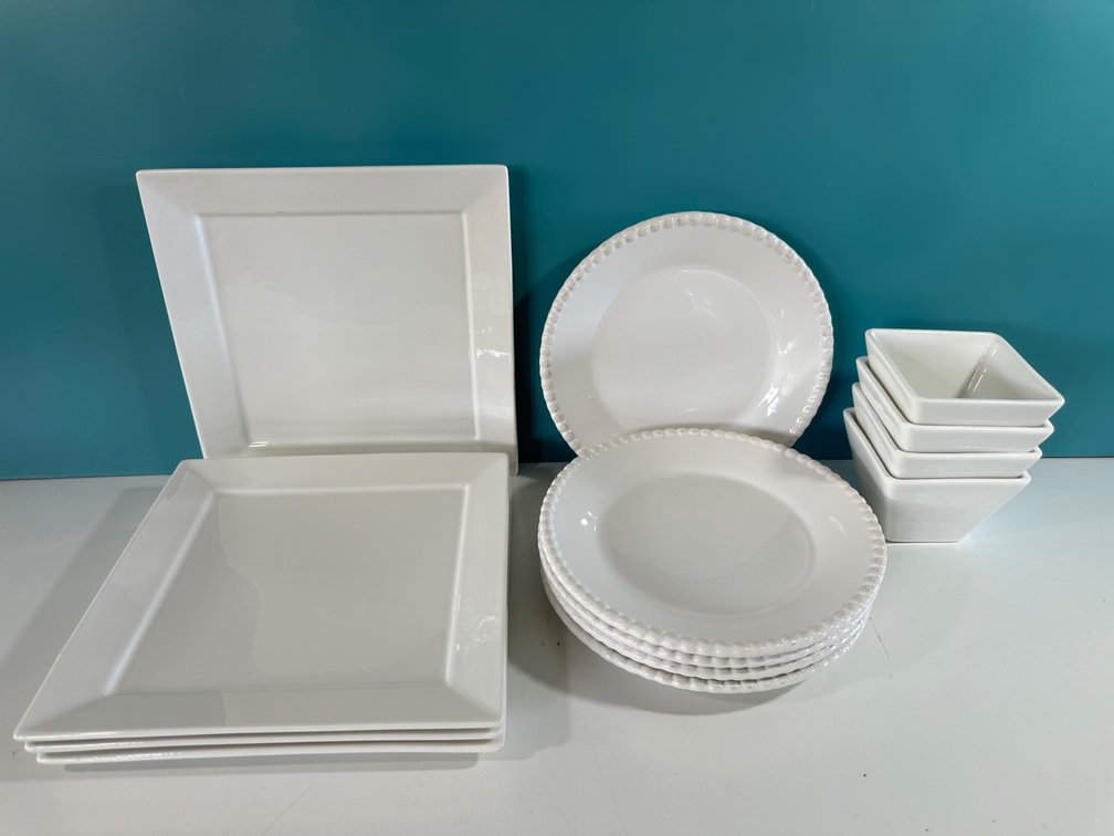 White Porcelain Dinnerware Lot – Square Plates, Bowls & Round Plates