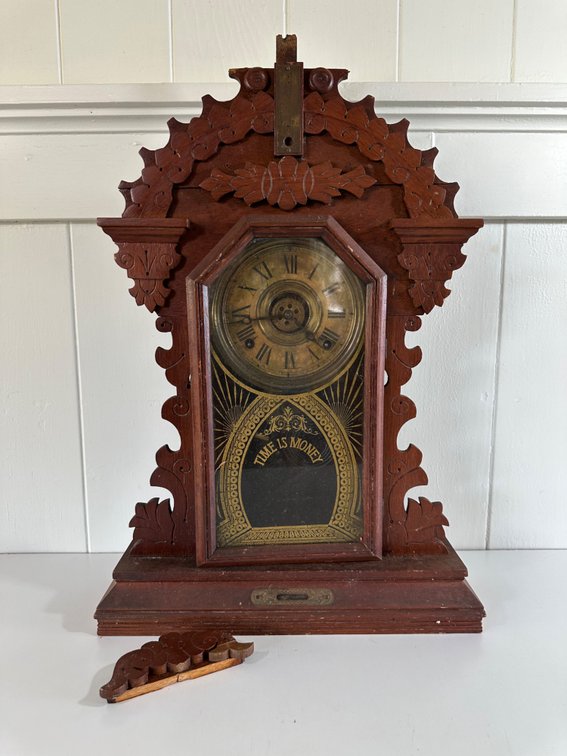 Antique Wooden Mantel Clock – Ornate Carved “Time is Money”