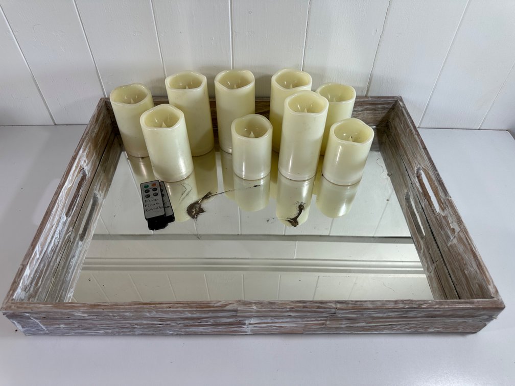 Decorative Mirrored Wooden Tray with Flameless LED Candles & Remote