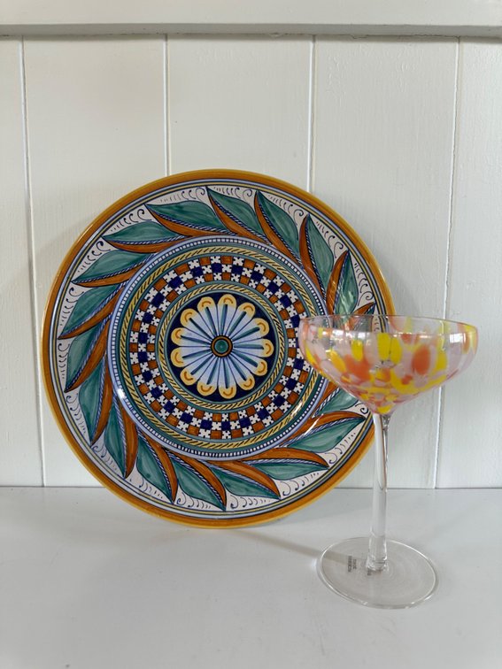 Artist Signed Colorful Decorative Plate & Cocktail Coupe Glass