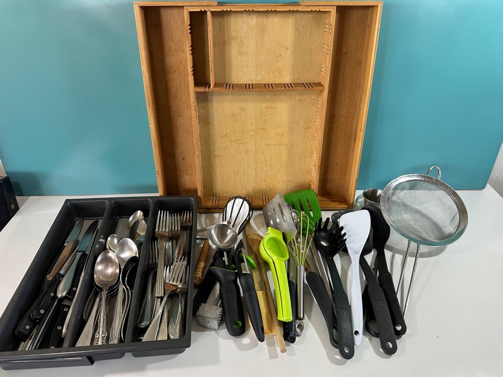 Large Flatware & Kitchen Utensil Lot with Organizers
