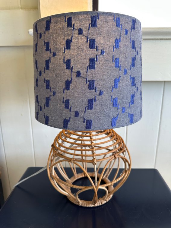 Rattan Base Lamp with Blue Patterned Shade