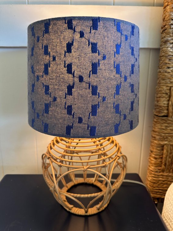 Rattan Base Lamp with Blue Patterned Shade