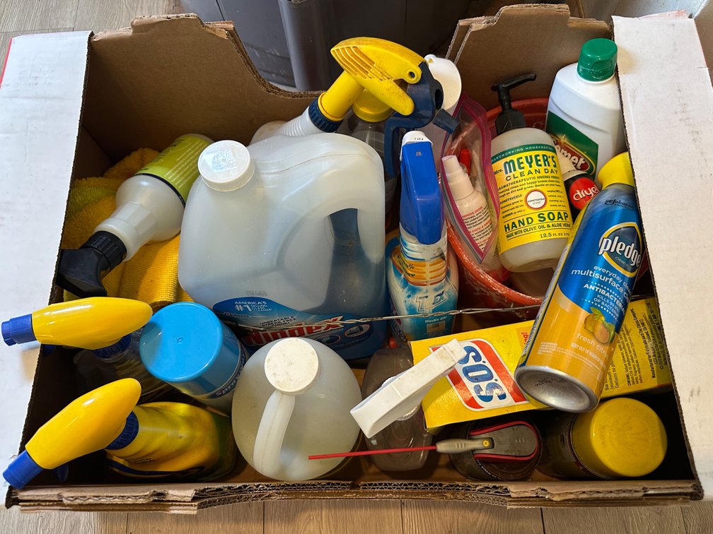 Large Box of Household Cleaning Supplies