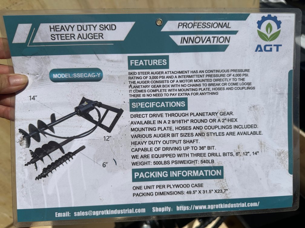 AGT SSECAG-Y Skid Steer Auger Attachment
