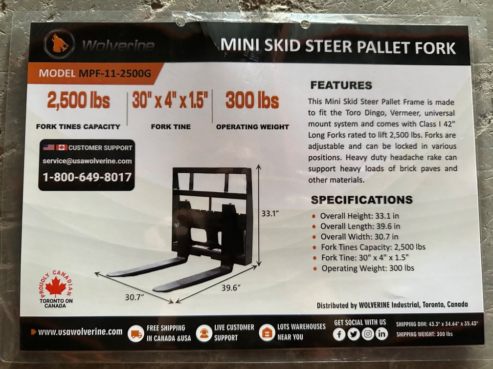 Wolverine MPF-11-2500G Mini Skid Steer Pallet Fork