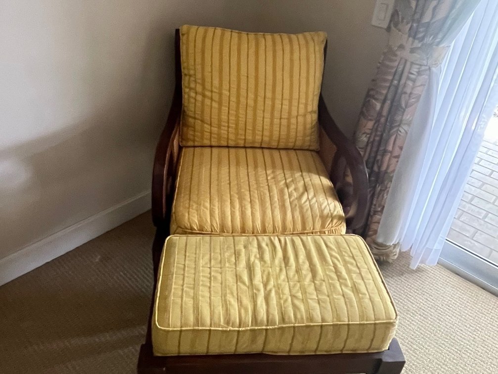 Solid wood chair & Ottoman with cushions