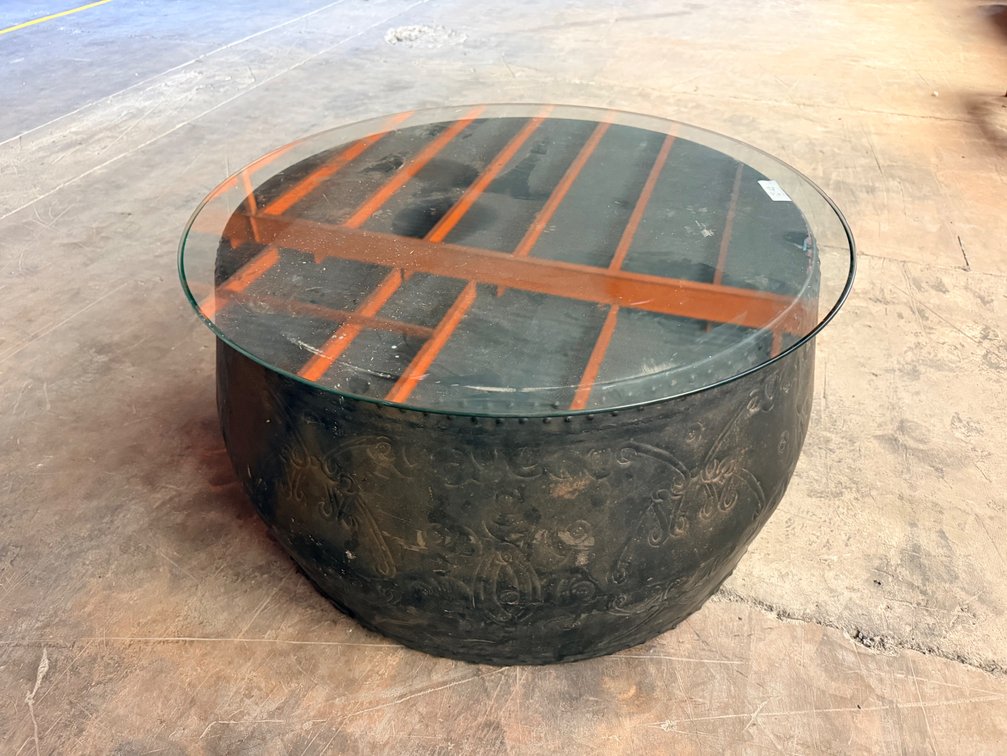 Round Black Metal Drum-Style Coffee Table with Glass Topper