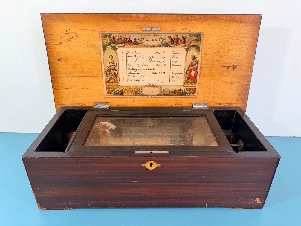 Antique Swiss Cylinder Music Box with Inlaid Case