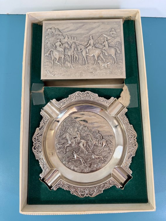 Vintage Hunting Scene Ashtray & Cigarette Box Set