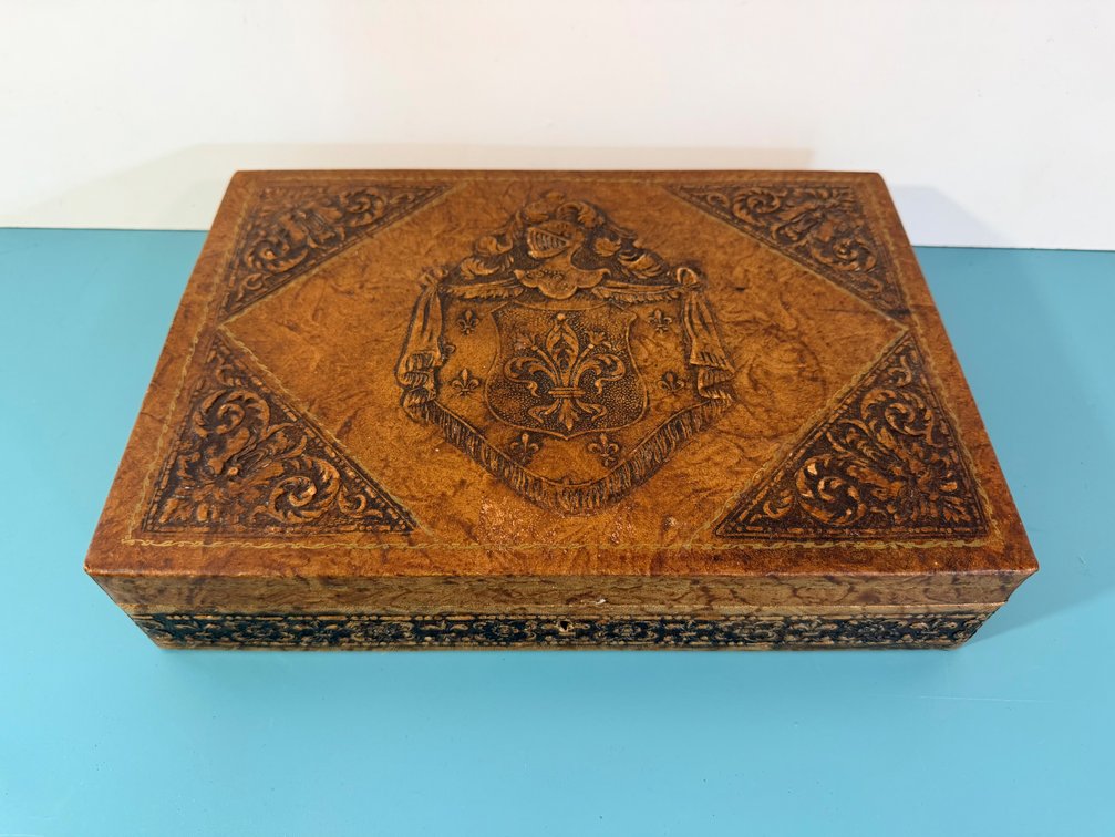Italian Embossed Leather Jewelry / Desk Box