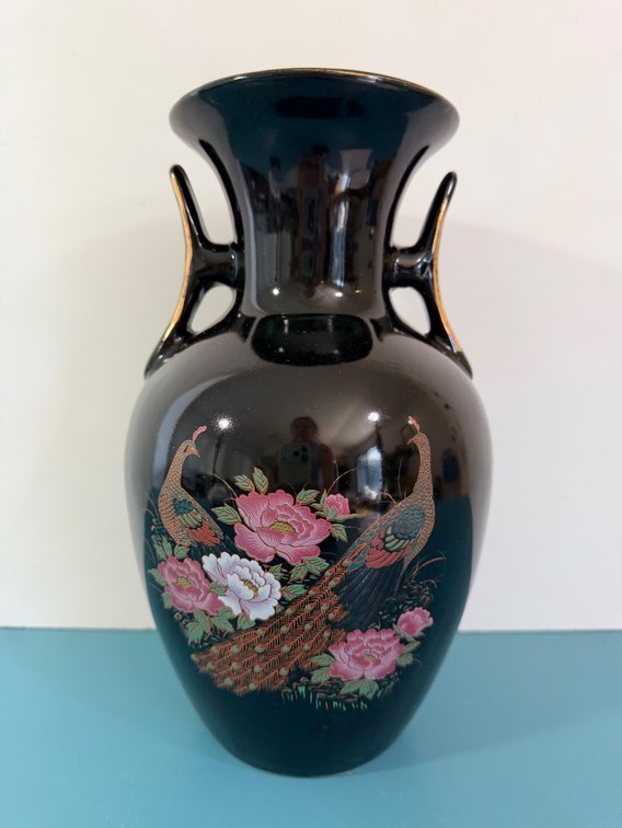 Decorative Asian Style Ceramic Vase with Peacock Motif