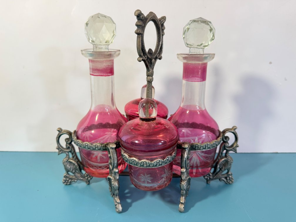 Victorian-Style Cranberry Glass Cruet / Condiment Set with Figural Metal Stand