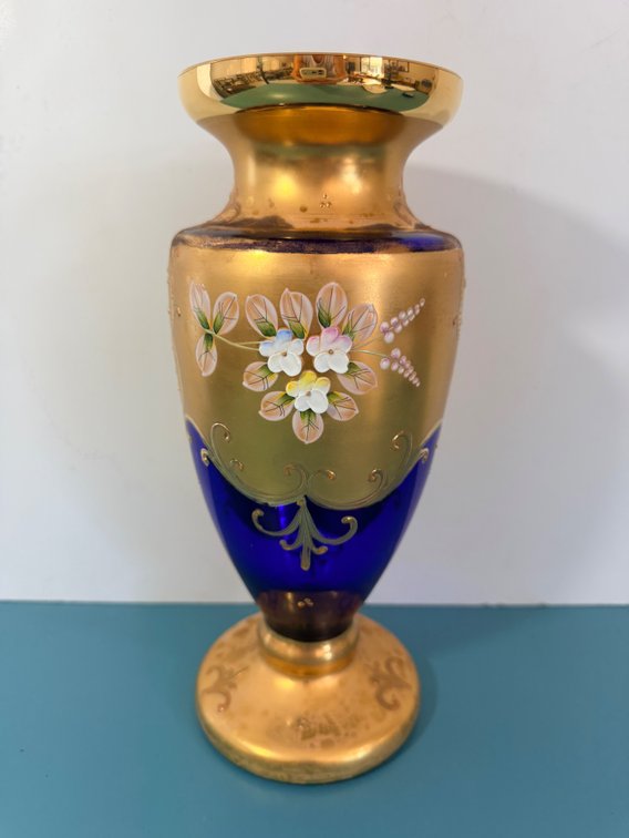 Bohemian-Style Cobalt Blue and Gilt Art Glass Vase with Hand-Painted Enamel Flowers