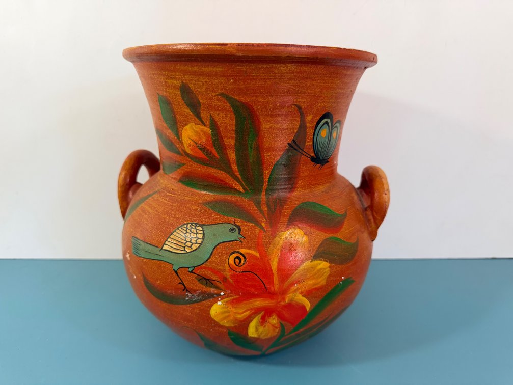 Hand-Painted Mexican Folk Art Pottery Vase