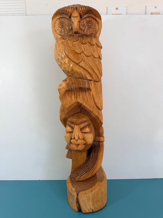 Hand-Carved Wooden Totem Style Sculpture with Owl