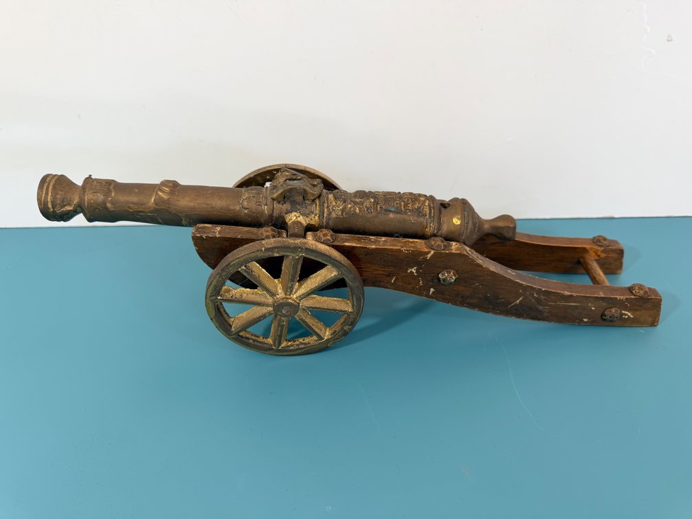 Vintage Brass Model Cannon on Wooden Field Carriage, Made in Holland