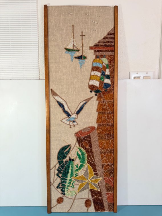 Vintage Nautical Pebble Art Wall Panel with Lobster & Fishing Motif