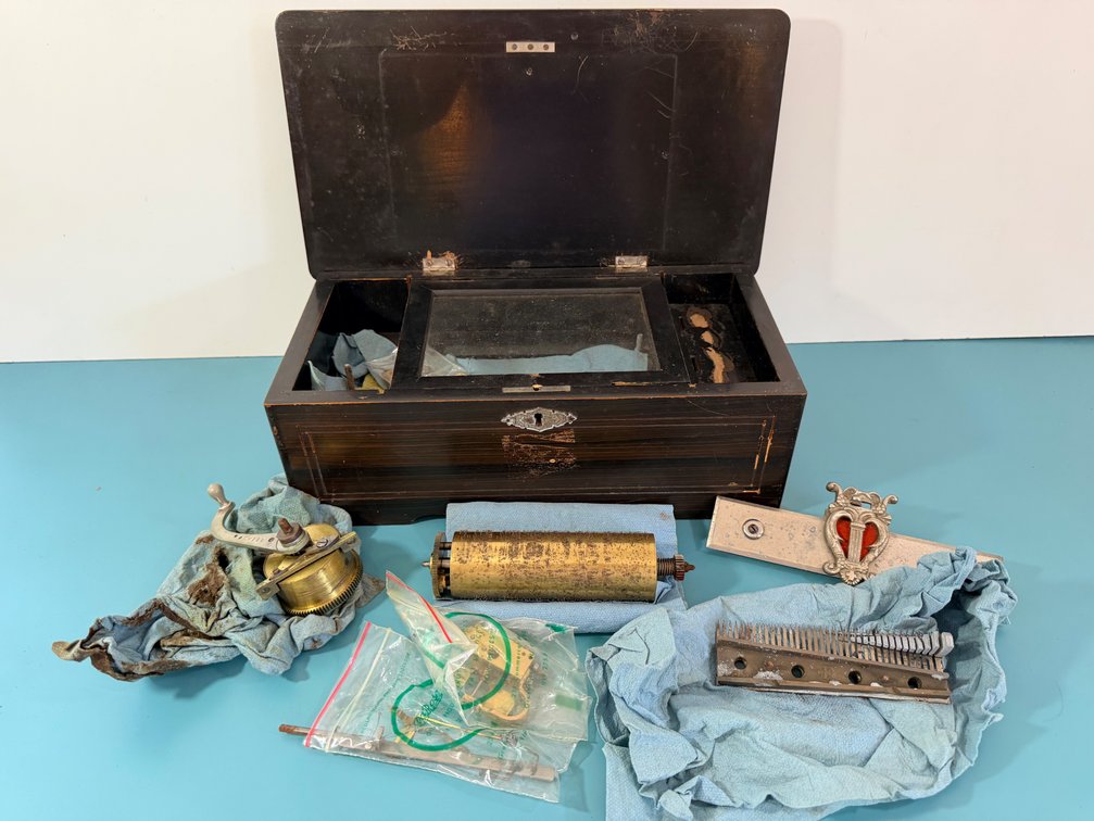 Antique Cylinder Music Box with Wooden Case & Repair Parts